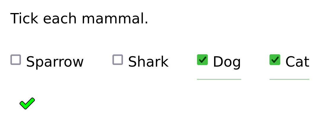 Prompt text says 'Tick each mammal'. Beneath are checkboxes labelled 'sparrow', 'shark', 'dog' (ticked) and 'cat' (ticked)', followed by a green tick.