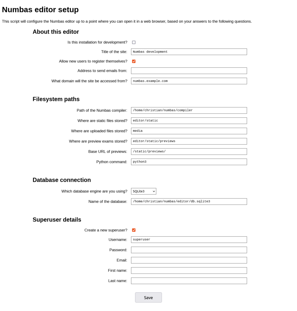 Screenshot of Numbas editor setup web interface