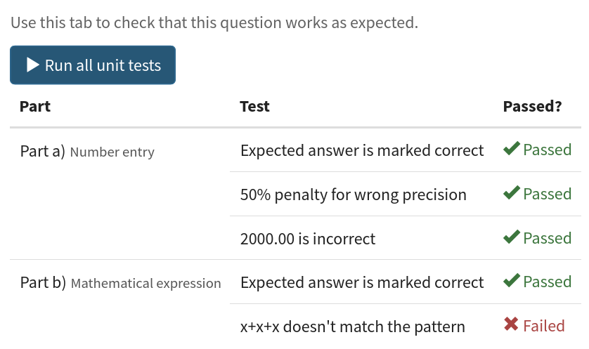 Screenshot of a list of parts and their unit tests, with a tick or cross next to each test