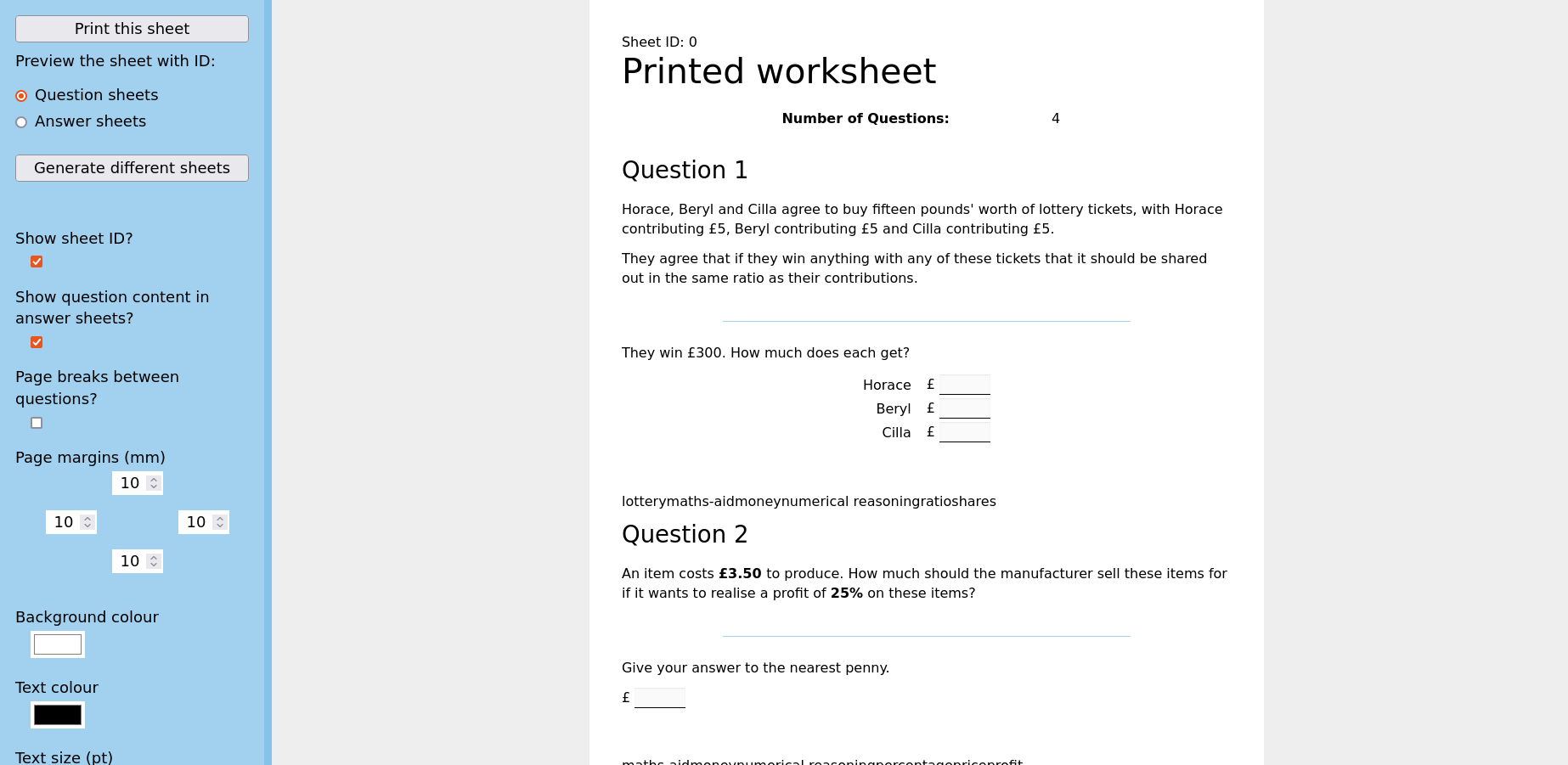 Screenshot of an exam in the printed worksheet theme