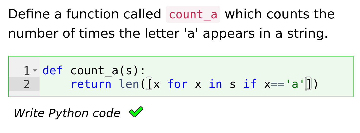 Prompt says 'Define a function called count_a which counts the number of times the letter 'a' appears in a string.' Beneath is a code editor containing Python code, followed by a green tick.