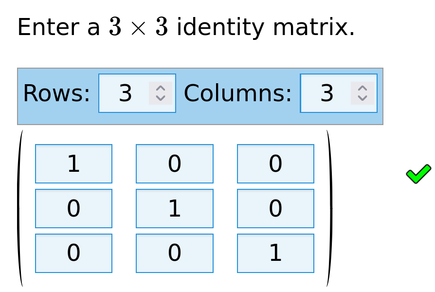 Prompt text says 'write a 3 × 3 identity matrix. Beneath are inputs labelled 'rows' and 'columns', and then a grid of inputs containing the entries of a 3×3 identity matrix, followed by a green tick.