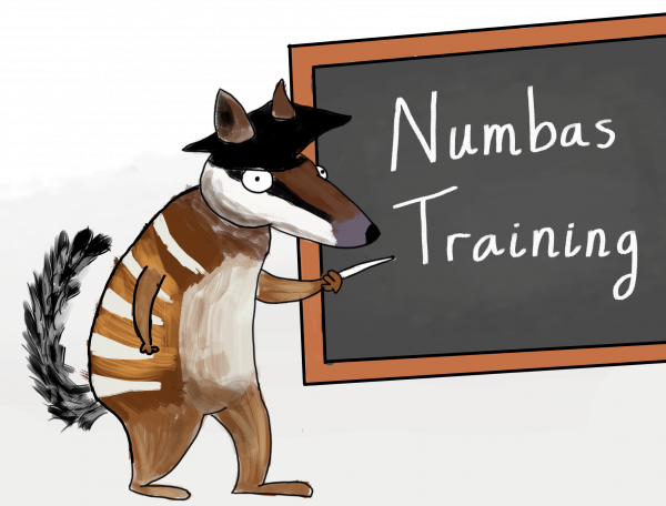 A numbat in a teacher's cap pointing at a blackboard with "Numbas training" written on it.